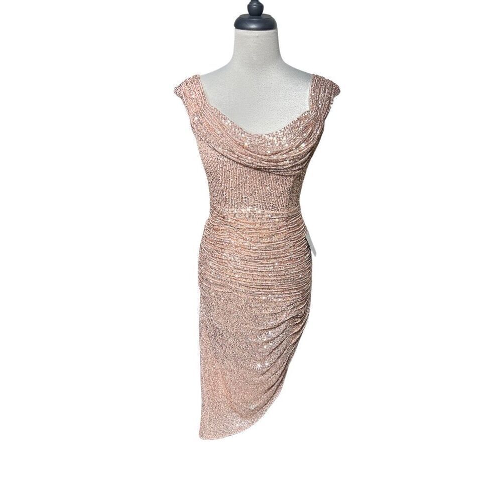 Cinderella Divine Small NWT Fitted Short Sequin Formal Dress CH190 Cold Shoulder